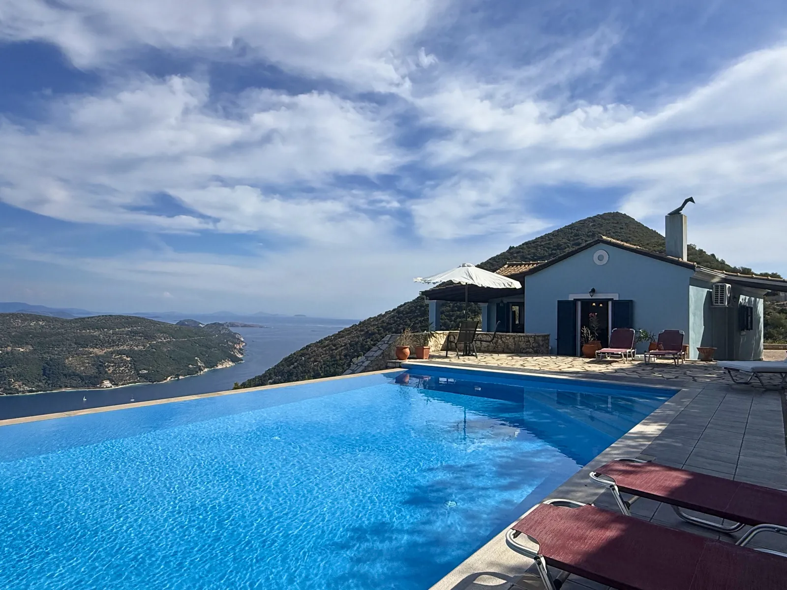 Villa Scala, Poros: the house above its pool and the strait